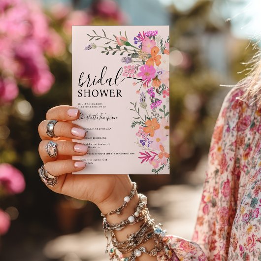 ロマンチックなボホピンクのワイルドフラワーガーデンブライダルシャワー 招待状