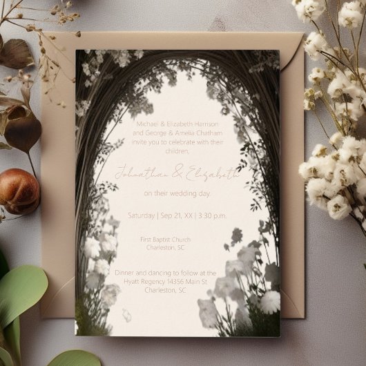 ロマンチックなボホボタニカルアー結婚チーズ 箔招待状