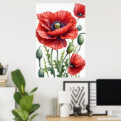 ロマンチックなポピーの花ブロッサムデジタルアート ポスター (ホームオフィス)