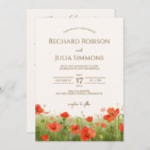 ロマンチックなポピーフローラレッド結婚式招待状 セーブザデート (正面/裏面)