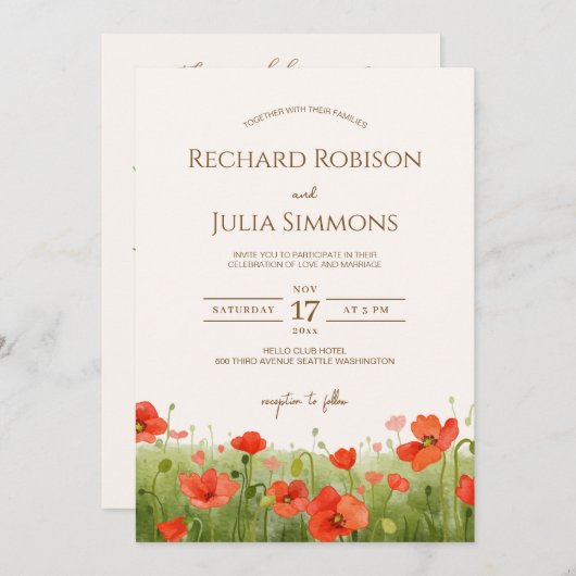 ロマンチックなポピーフローラレッド結婚式招待状 セーブザデート (正面/裏面)