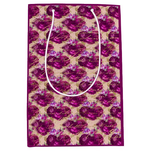 ロマンチックなマゼンタのバラ書と金ゴールドズオンピーチ ミディアムペーパーバッグ (正面)