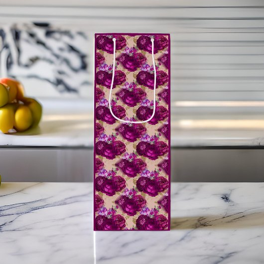 ロマンチックなマゼンタバラと葉金ゴールドオンピーチ ワインギフトバッグ