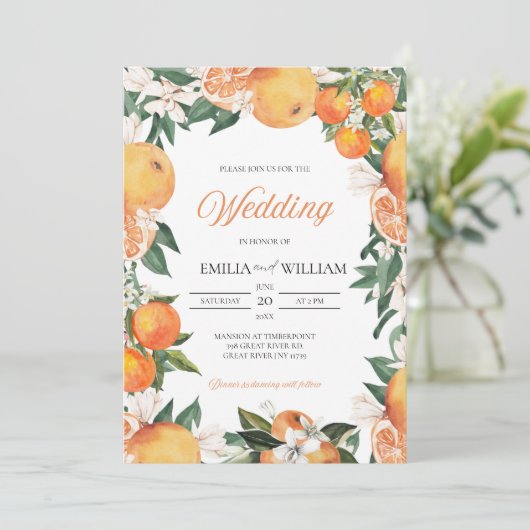 ロマンチックなミカン結婚柑橘類のフォト招待状 招待状 (スタンド正面)