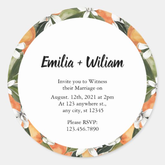 ロマンチックなミカン結婚柑橘類 ラウンドシール (正面)