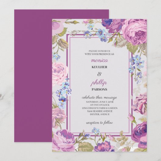 ロマンチックなミディアムバイオレットレッドキャベツ結婚バラ 招待状 (正面/裏面)