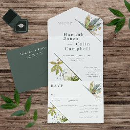 ロマンチックなミニマルつる植物ガーデングリーンブルー オールインワン招待状