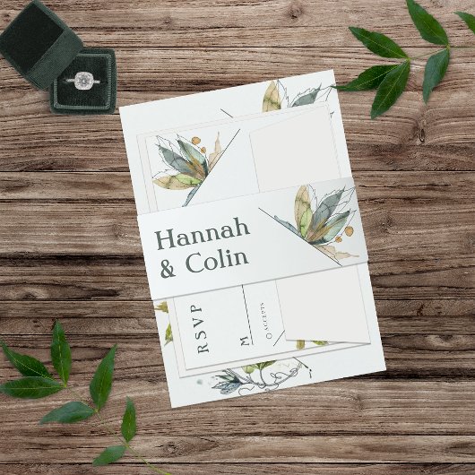 ロマンチックなミニマルつる植物ガーデングリーンブルー 招待状ベリーバンド