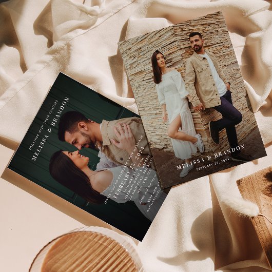 ロマンチックなミニマルなオーバーレイ文字2写真結婚の数 招待状