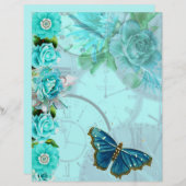 ロマンチックなミントの青いフローラの蝶のスクラップブックのページ (正面/裏面)