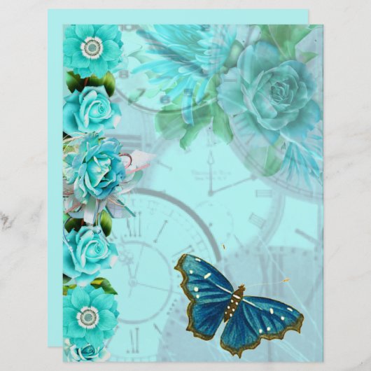 ロマンチックなミントの青いフローラの蝶のスクラップブックのページ (正面/裏面)