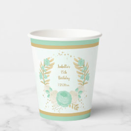 ロマンチックなミントグリーンと白い花のゴールド 紙コップ