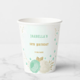 ロマンチックなミントグリーンと白い花のゴールド 紙コップ