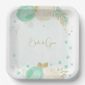 ロマンチックなミントグリーンと白の花の金ゴールド ペーパープレート (正面)