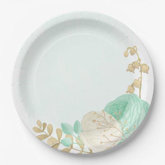 ロマンチックなミントグリーンと白の花の金ゴールド ペーパープレート (正面)