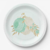 ロマンチックなミントグリーンと白の花の金ゴールド ペーパープレート (正面)