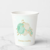 ロマンチックなミントグリーンと白の花の金ゴールド 紙コップ (正面)