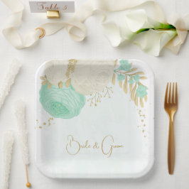 ロマンチックなミントグリーンと白の花金ゴールド紙プラン ペーパープレート