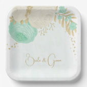 ロマンチックなミントグリーンと白の花金ゴールド紙プラン ペーパープレート (正面)