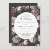 ロマンチックなムーディアデリケートダークブラックフローラ結婚ズ 招待状 (正面/裏面)