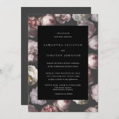 ロマンチックなムーディアデリケートダークブラックフローラ結婚ズ 招待状 (正面/裏面)
