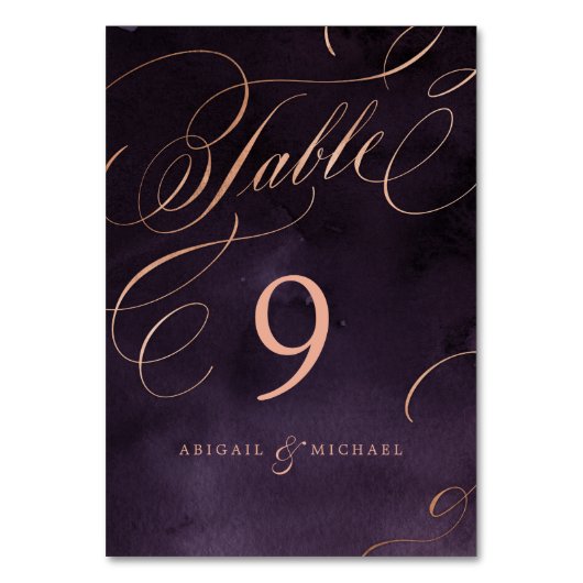 ロマンチックなムーディパープルバラ金ゴールドビンテージ結婚式 テーブルナンバー (正面)