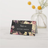 ロマンチックなムーディブラック結婚フローラのテーブル プレイスカード (正面)