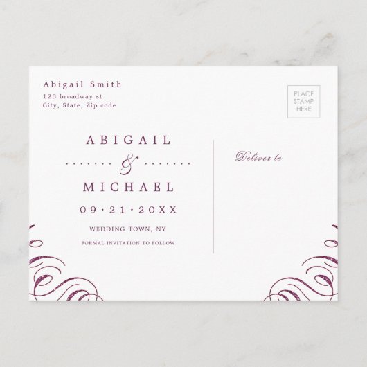 ロマンチックなムーディースプラム書の日付を保存 案内ポストカード (裏面)