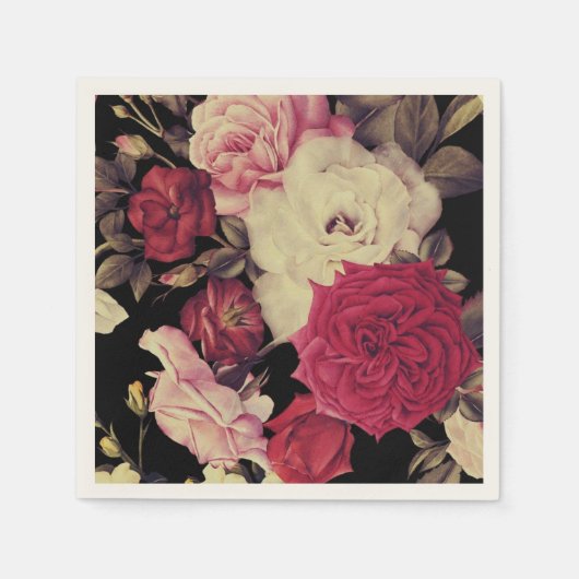 ロマンチックなムーディ結婚フローラズブラック スタンダードカクテルナプキン (正面)