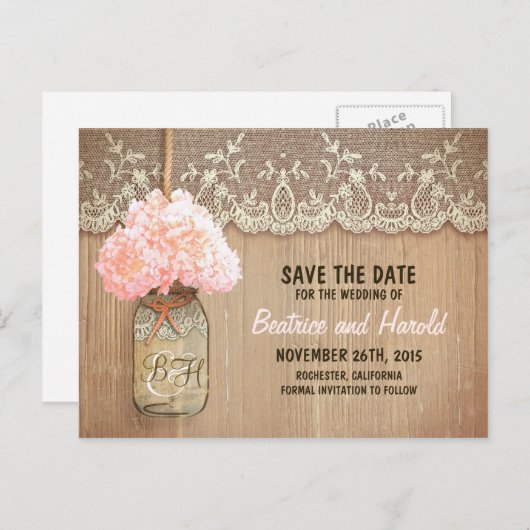 ロマンチックなメイソンのjarピンクの花は日付を保存 案内ポストカード (正面/裏面)