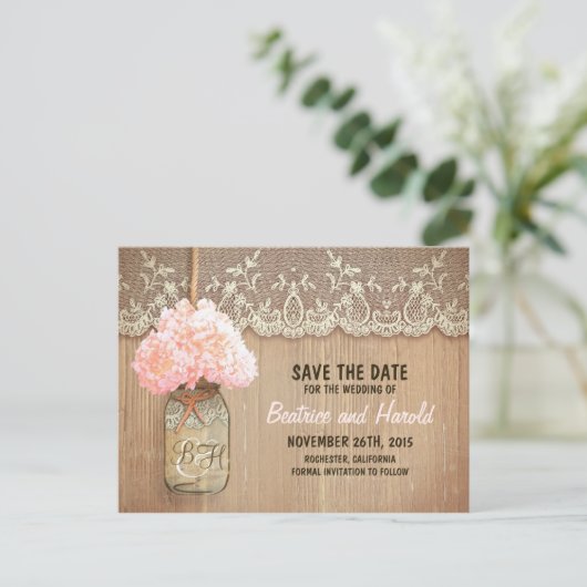 ロマンチックなメイソンのjarピンクの花は日付を保存 案内ポストカード (スタンド正面)