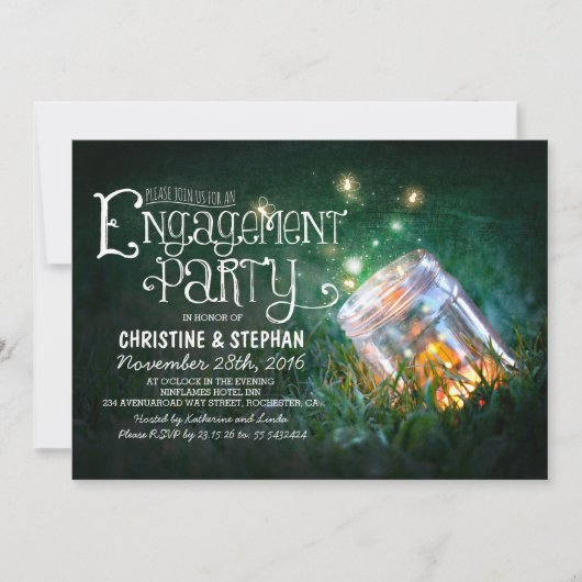 ロマンチックなメイソン·ジャー&ホタルの婚約パーティ 招待状 (正面)