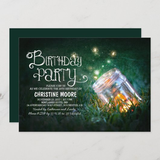 ロマンチックなメーソンジャーのホタルの誕生会の招待 招待状 (正面/裏面)