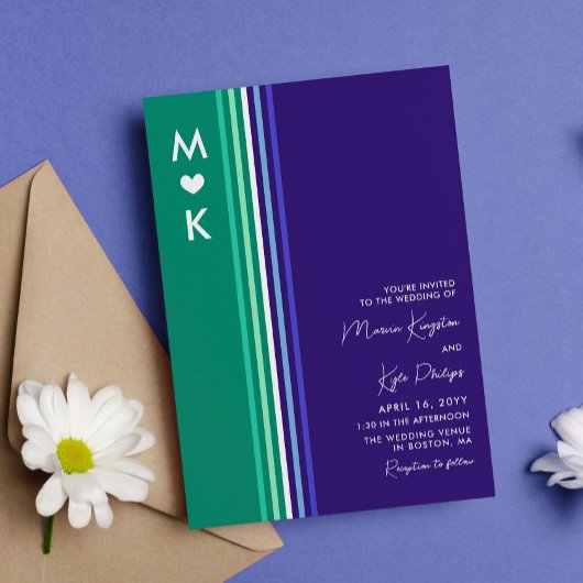 ロマンチックなモノグラムゲイストライプ旗結婚の 招待状