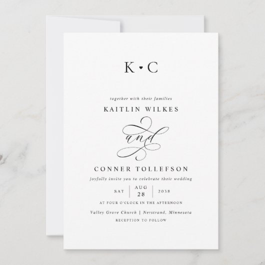 ロマンチックなモノグラム結婚書道 招待状 (正面)