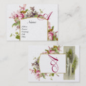 ロマンチックなモノグラム、シクラメンのピンクの緑の金ゴールド 名刺 (正面/裏面)