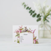 ロマンチックなモノグラム、シクラメンのピンクの緑の金ゴールド 名刺 (スタンド正面)