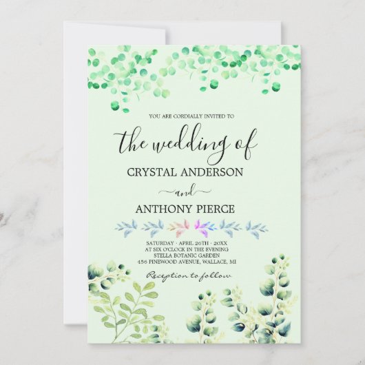 ロマンチックなユーカリをテーマにした庭園 招待状 (正面)