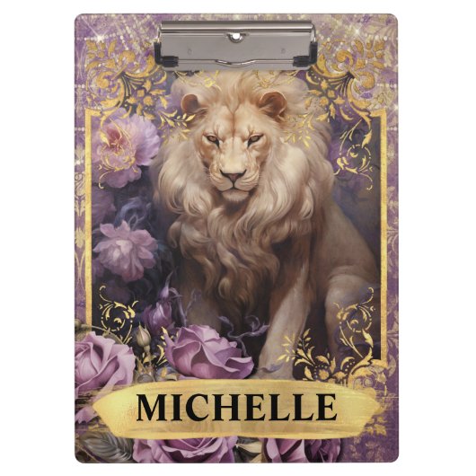 ロマンチックなライオンとパープルのバラファンタジー クリップボード (正面)