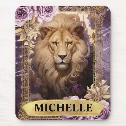 ロマンチックなライオンとパープルのバラファンタジー マウスパッド (正面)