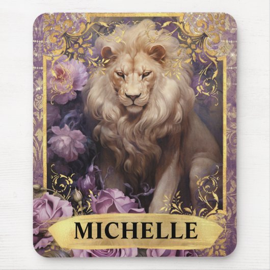 ロマンチックなライオンとパープルのバラファンタジー マウスパッド (正面)
