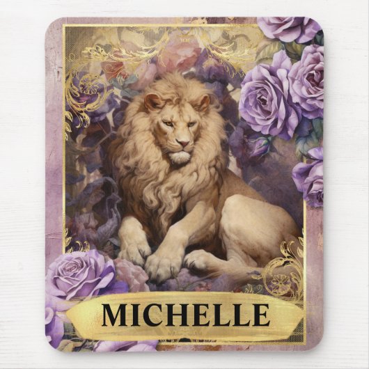 ロマンチックなライオンとパープルのバラファンタジー マウスパッド (正面)