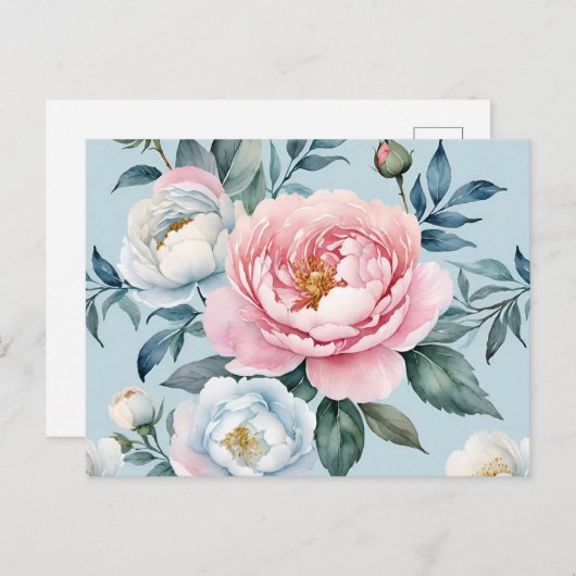 ロマンチックなライトブルーピンク牡丹フローラ ポストカード (正面/裏面)