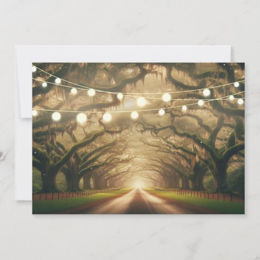 ロマンチックなライブオークの木陰とストリングライトのウェディング 招待状 (正面)