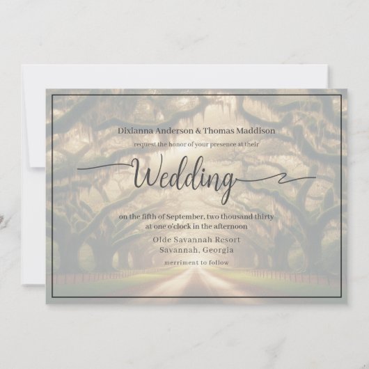 ロマンチックなライブオークの木陰とストリングライトのウェディング 招待状 (裏面)