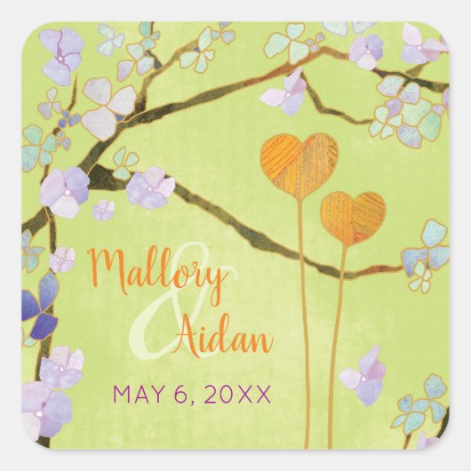 ロマンチックなライムグリーンウェディング日付を保存 スクエアシール (正面)