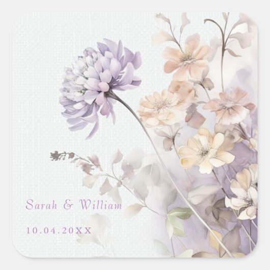ロマンチックなライラックの花の結婚式ステッカー スクエアシール (正面)