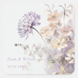 ロマンチックなライラックの花の結婚式ステッカー スクエアシール
