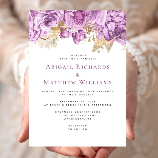 ロマンチックなライラックゴールドの花の結婚式 招待状