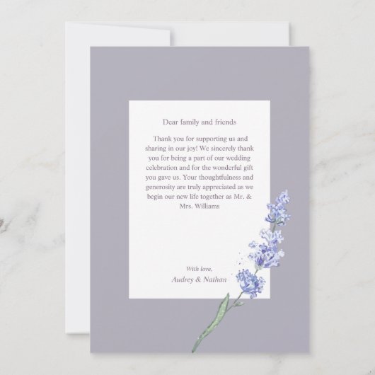 ロマンチックなラベンダーのフローラ写真結婚の感謝の気持ち サンキューカード (裏面)